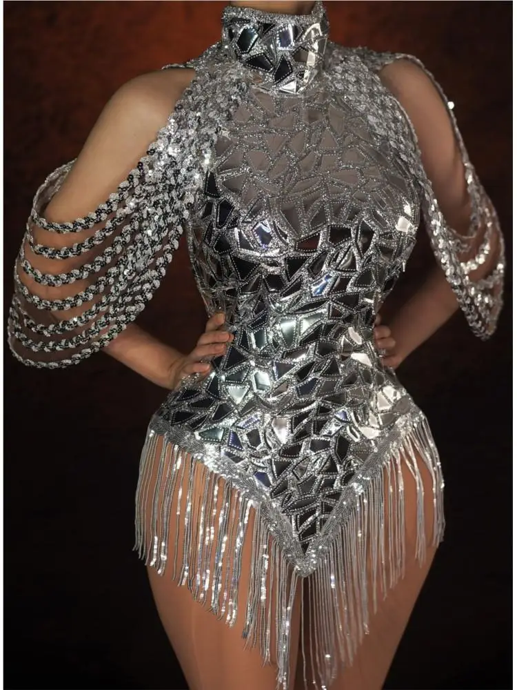 Rhinestone Banding Trim - Женское блестящее серебряное трико с блестками,